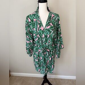 Kenny Flowers Green and Pink Leaf Swim Coverup Robe